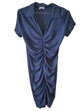 Livi by Olivia Rae Blue Short Sleeve Collared Ruched Midi Dress